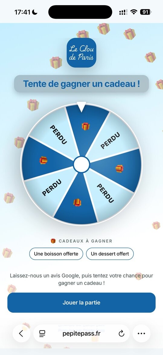 Page de jeu Le Clou de Paris : roue de la chance avec lots et CTA Jouer la partie